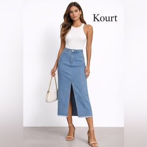 Kourt Pat Front Split Denim Midi Skirt Medium High Rise Raw Hem NWT